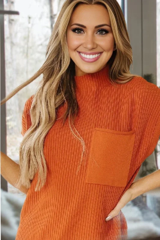 Short Sleeve Ribbed Sweater - Rust Beaded Sweater Sequined Faux Fur