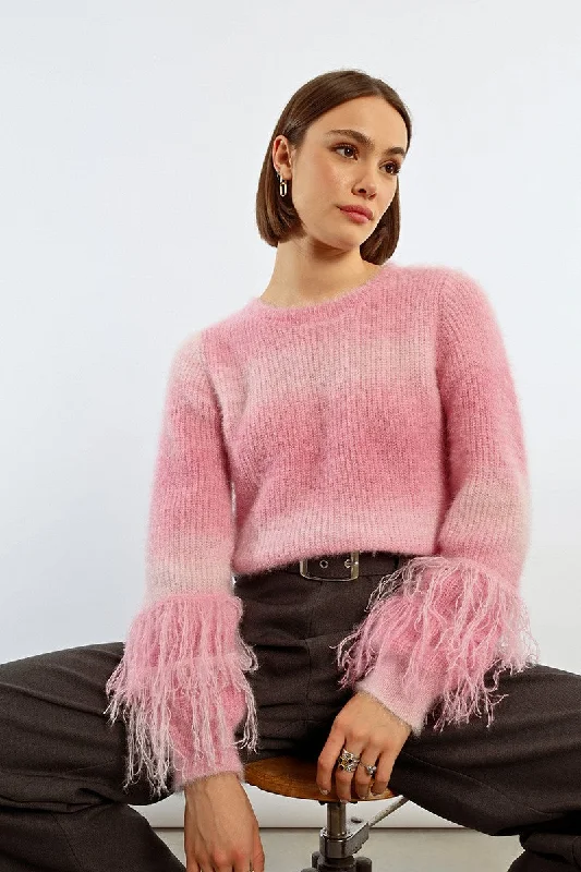 MBN Tie And Dye Sweater W/Fringe Notch Collar Peter Pan Collar Cowl Neck