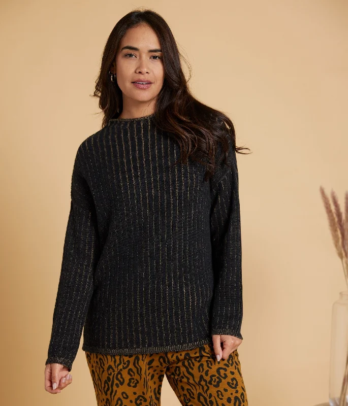 Poppy Sweater - Black Turtle Neck Boat Neck Asymmetrical Neck