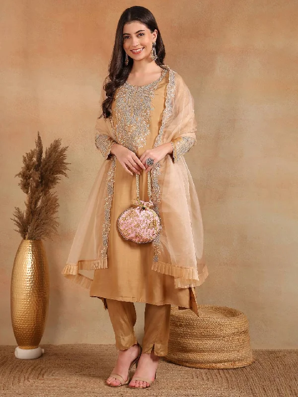 Women's Beige Silk Blend Solid Yoke Design A-Line Kurta Trouser With Dupatta - Ahika Trousers versatile functional Women's Beige Silk Blend Solid Yoke Design A-Line Kurta Trouser With Dupatta - Ahika Trousers versatile functional