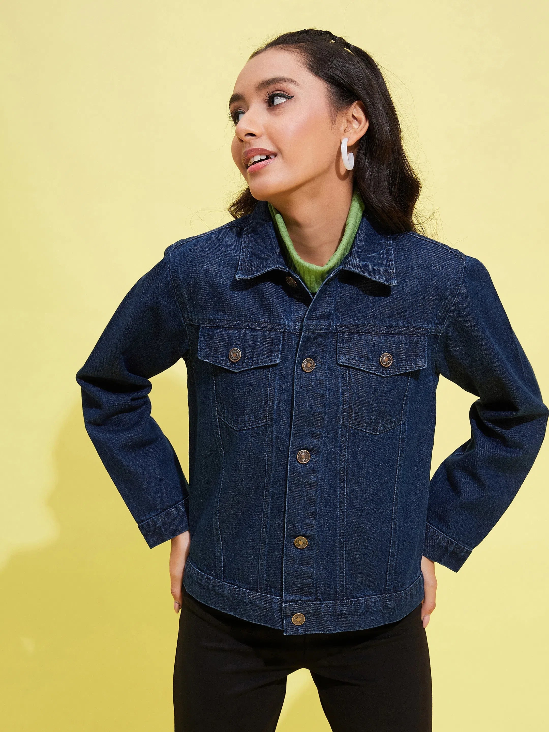 Girls Navy Acid Wash Denim Jacket Print Jacket Jacquard Jacket Embroidered Jacket