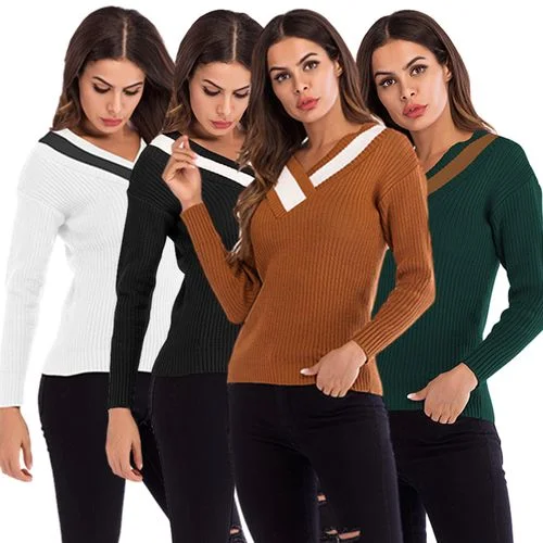 Contrasting Casual Sweater Women's Spring Cross V-neck Slim Sweater Print Jacquard Patchwork Contrasting Casual Sweater Women's Spring Cross V-neck Slim Sweater Print Jacquard Patchwork