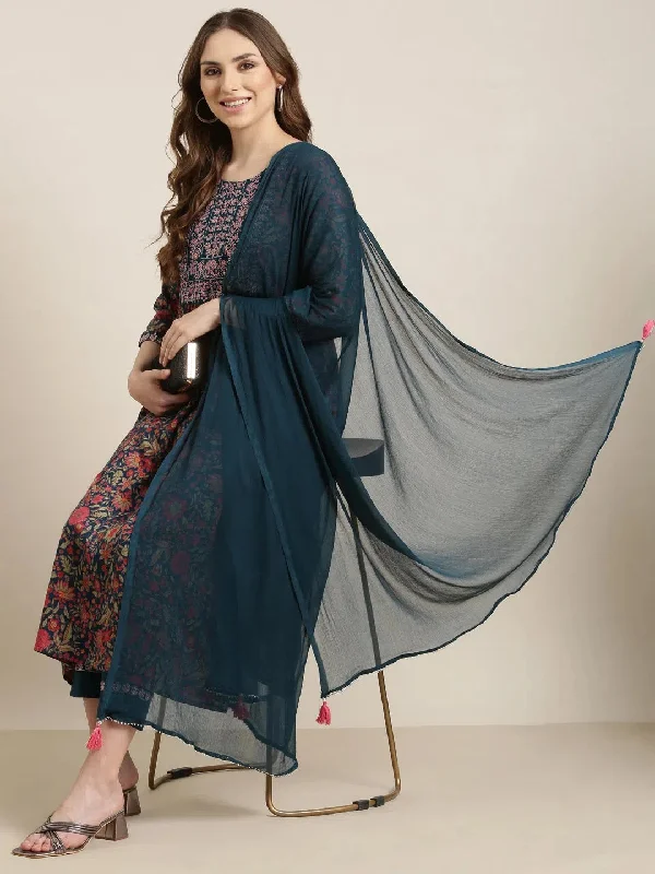 Women A-Line Teal Floral Kurta and Trousers Set Comes With Dupatta-AT-A1392-KPD-Teal Trousers Favorite Customer Women A-Line Teal Floral Kurta and Trousers Set Comes With Dupatta-AT-A1392-KPD-Teal Trousers Favorite Customer