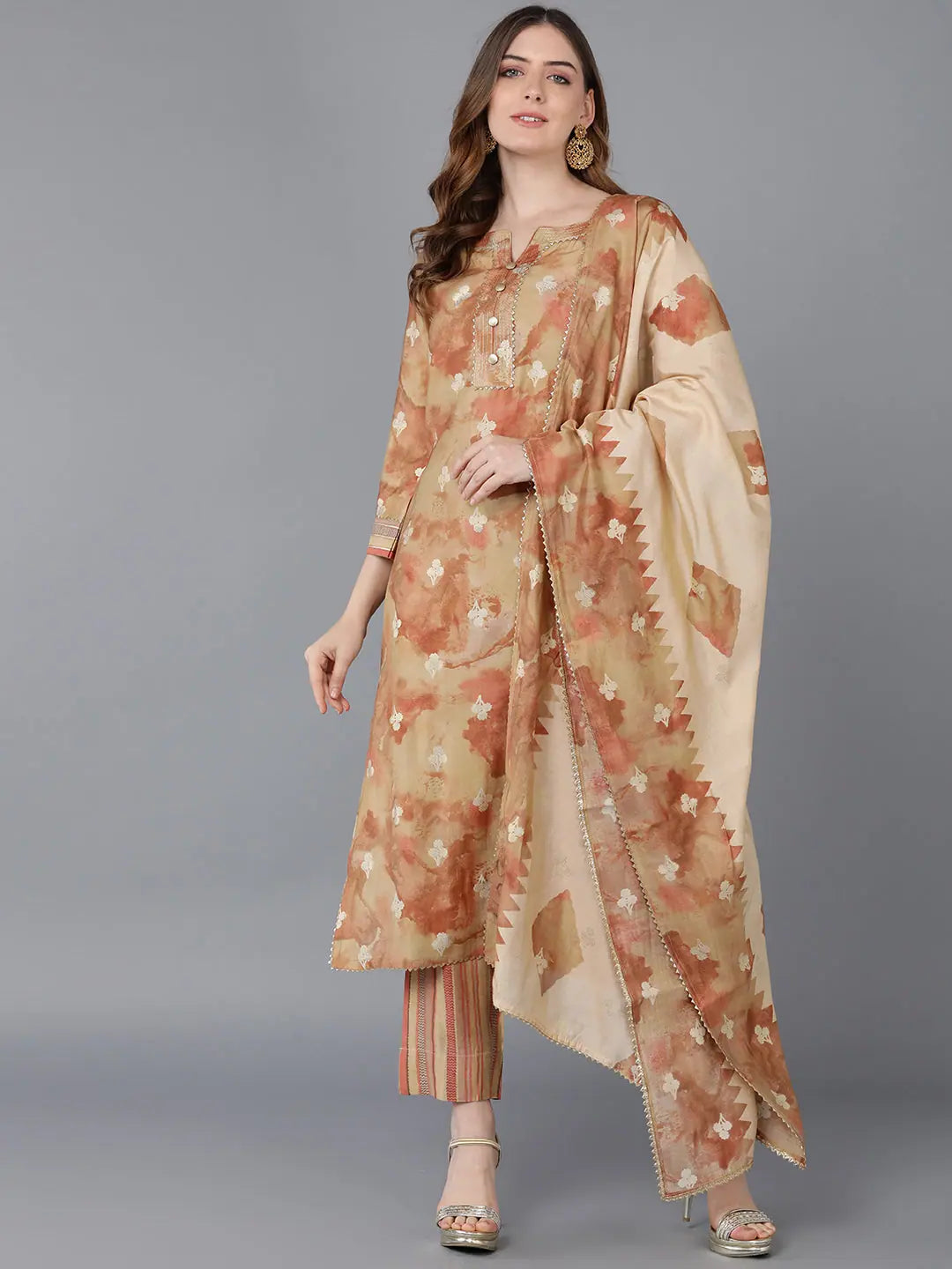 Ahika Women Mustard Poly Silk Kurta Trousers With Dupatta 4 Trousers Print Floral