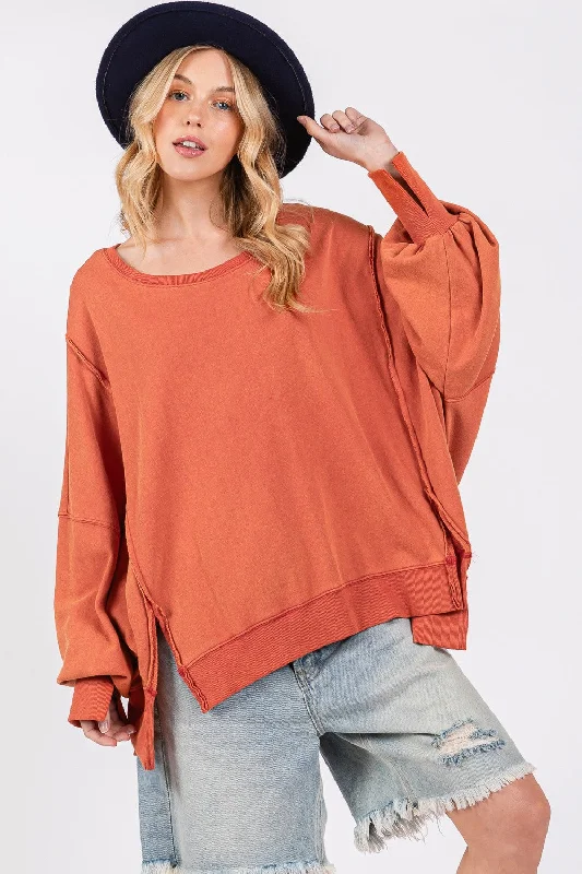 Hazel Blues® | SAGE + FIG Mineral Wash Side Slit Oversized Sweatshirt Hoodie with Hem Contrast Bold Stylish Hazel Blues® | SAGE + FIG Mineral Wash Side Slit Oversized Sweatshirt Hoodie with Hem Contrast Bold Stylish