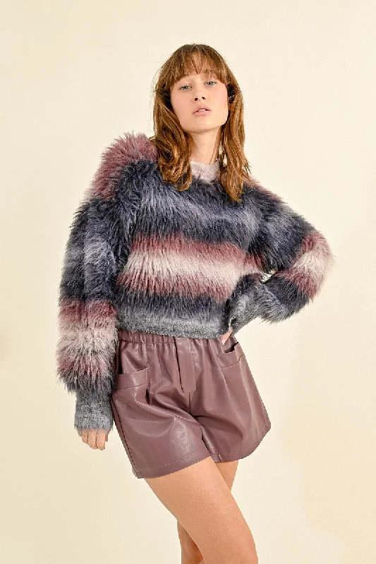 MBN Multi Color Ombre Fuzzy Sweater Welt Pockets Slit Pockets Flap Pockets