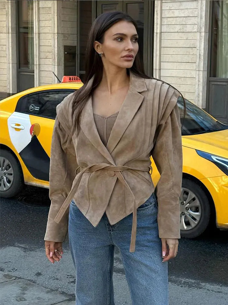 Advbridge Solid Irregular Hem Lapel Jackets With Belt Women Elegant Long Sleeve Button Pleated Coats 2024 New Lady Chic Outerwear A-Line Jacket Boat Neck Shawl Collar Advbridge Solid Irregular Hem Lapel Jackets With Belt Women Elegant Long Sleeve Button Pleated Coats 2024 New Lady Chic Outerwear A-Line Jacket Boat Neck Shawl Collar