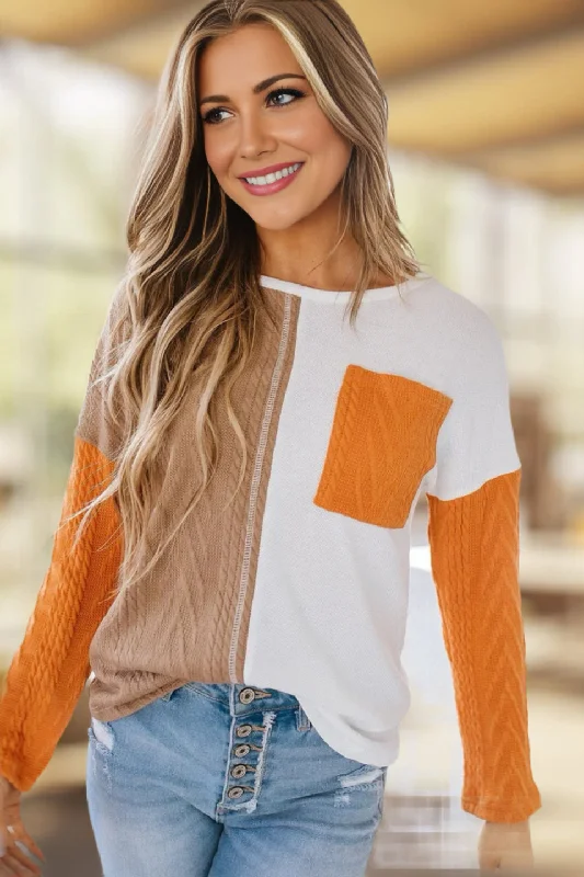 Colorblock Fall Sweater - Orange and Beige Stretchy Elastic Breathable