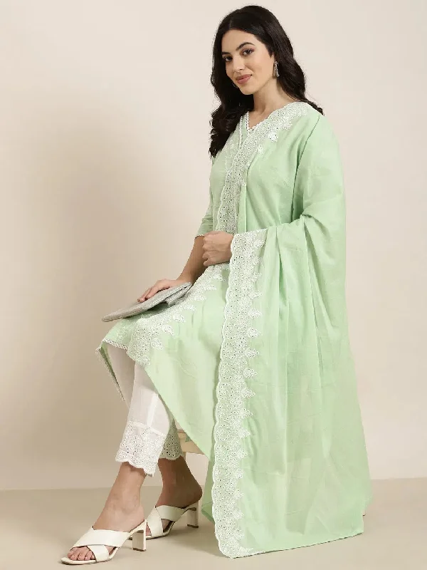Women Straight Green Floral Kurta and Trousers Set Comes With Dupatta-DK-3052-Green Trousers Business Professional Women Straight Green Floral Kurta and Trousers Set Comes With Dupatta-DK-3052-Green Trousers Business Professional