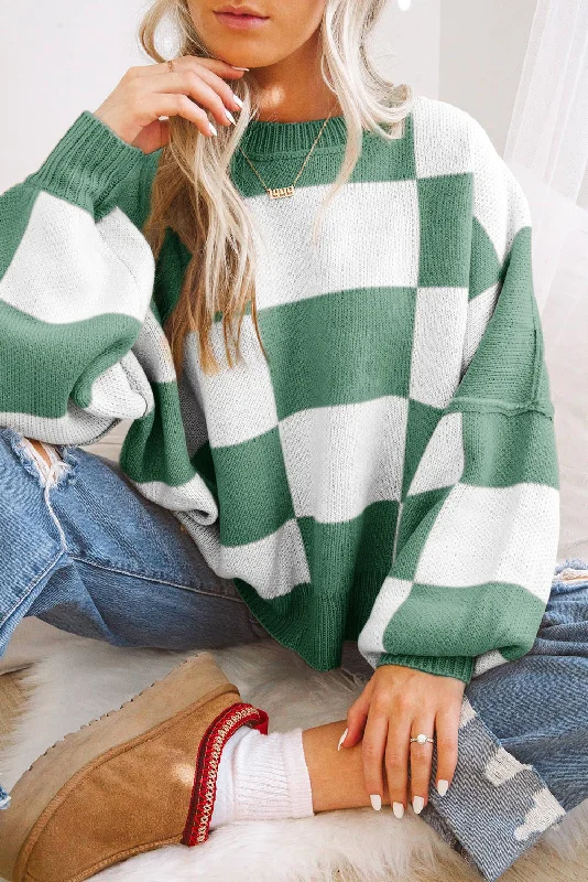 Checkered Sweater - Green Open Front Closed Front Wrap Front