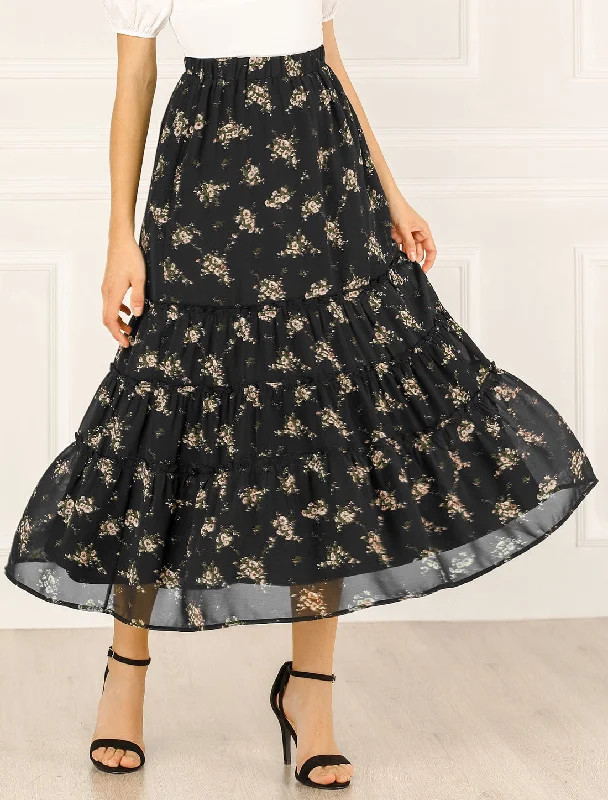 Chiffon Floral Printed Long Tiered Ruffle Boho Midi Skirt silk skirt lustrous