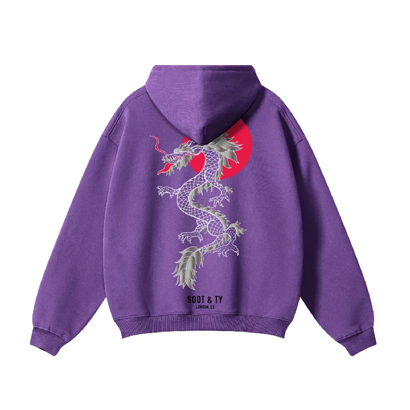 Soot and Ty Reflective Dragon Print Relaxed Fit Purple Hoodie Hoodie with Double Zipper Versatile Adjustable Soot and Ty Reflective Dragon Print Relaxed Fit Purple Hoodie Hoodie with Double Zipper Versatile Adjustable