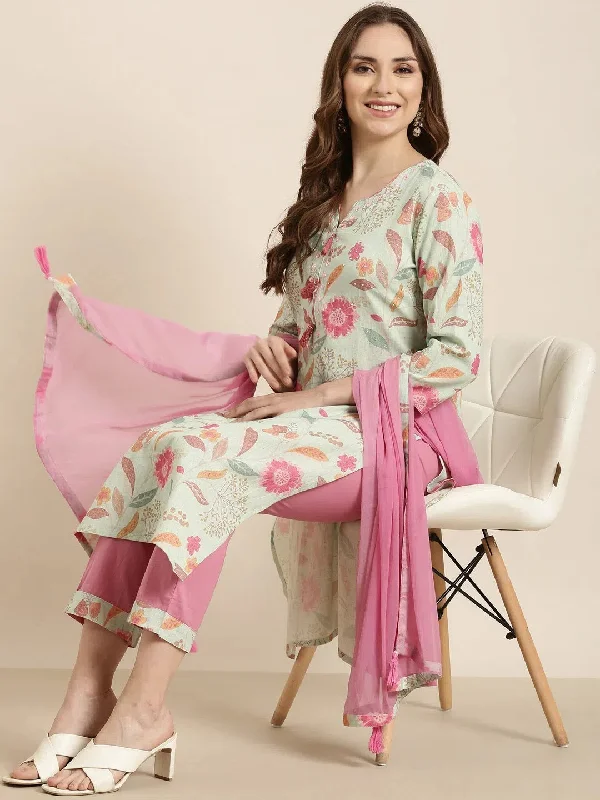 Women Straight Sea Green Floral Kurta and Trousers Set Comes With Dupatta-UB-006-Seagreen Trousers Mesh Breathable Women Straight Sea Green Floral Kurta and Trousers Set Comes With Dupatta-UB-006-Seagreen Trousers Mesh Breathable