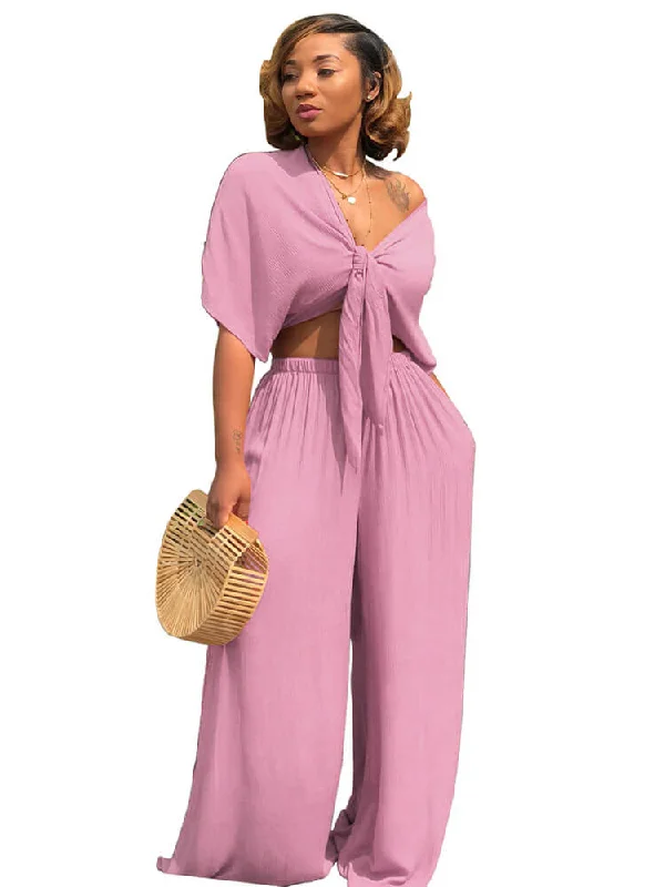 Two Piece Bowknot Tie Front Crop Top+Wide Leg Pant Sets Collared Crew Neck Turtle Neck Two Piece Bowknot Tie Front Crop Top+Wide Leg Pant Sets Collared Crew Neck Turtle Neck