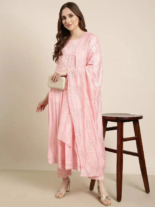 Women Anarkali Pink Solid Kurta and Trousers Set Comes With Dupatta-UB-2886-Pink Trousers Timeless Classic Women Anarkali Pink Solid Kurta and Trousers Set Comes With Dupatta-UB-2886-Pink Trousers Timeless Classic