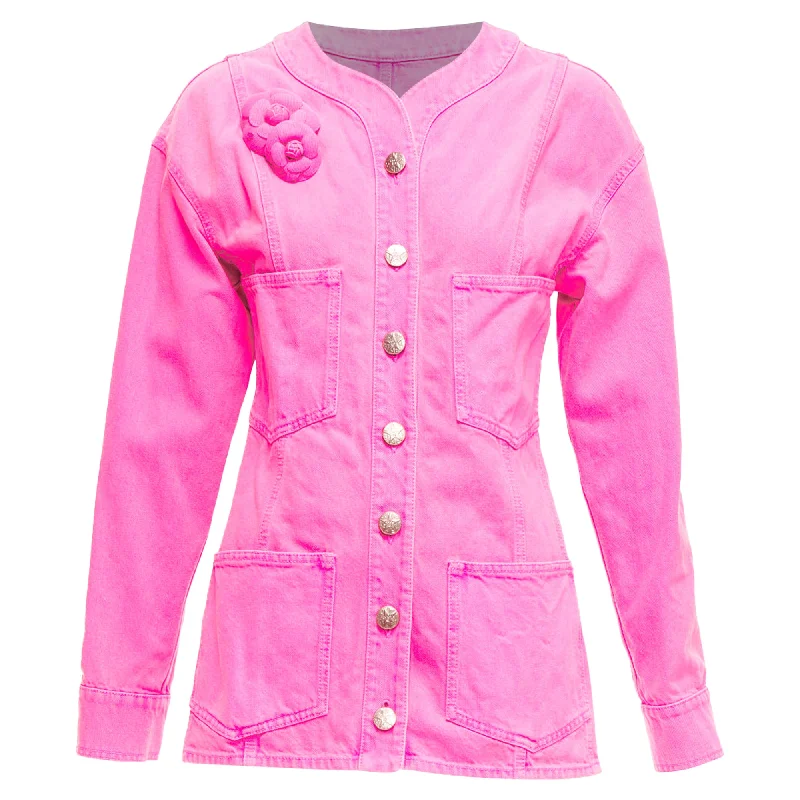 Chanel Neon Pink Cotton Denim CC Logo Camellia Embellished Jacket Zippered Jacket Buttoned Jacket Snapped Jacket Chanel Neon Pink Cotton Denim CC Logo Camellia Embellished Jacket Zippered Jacket Buttoned Jacket Snapped Jacket
