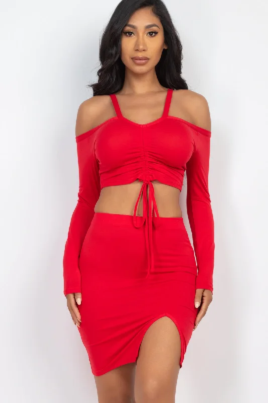 Drawstring Ruched Off Shoulder Crop Top & Side Slit Mini Skirt Ensemble Satin Blend Silk Blend Wool Blend Drawstring Ruched Off Shoulder Crop Top & Side Slit Mini Skirt Ensemble Satin Blend Silk Blend Wool Blend