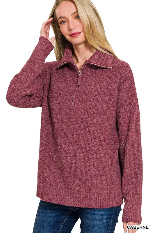 Zip It Up High Collar Cabernet Sweater Neon Metallic Matte