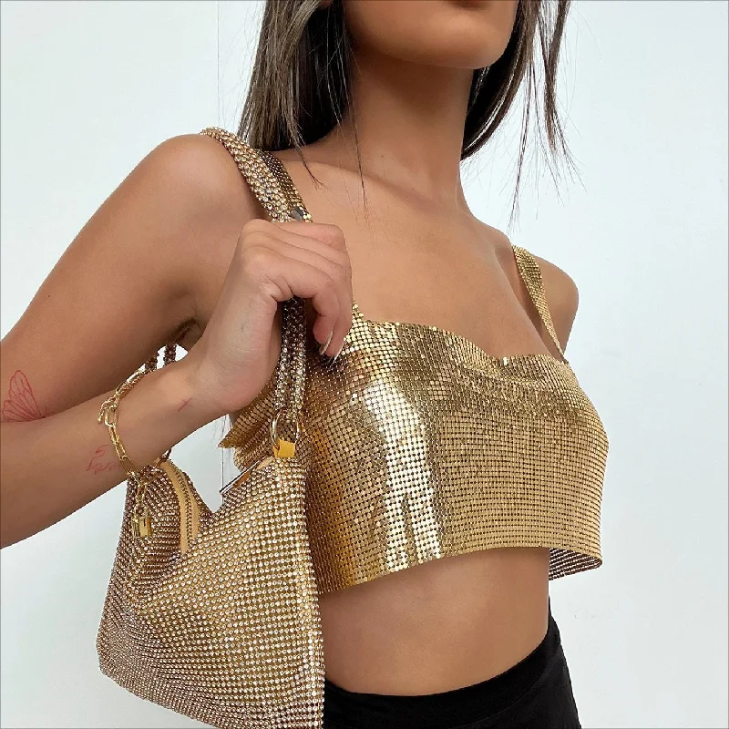 SHIHAN Gold color metal crop top New Sexy Tops Metal Sequin Chain metallic Top Sleeveless Customizable chain vest Mesh Blend Leather Blend Suede Blend SHIHAN Gold color metal crop top New Sexy Tops Metal Sequin Chain metallic Top Sleeveless Customizable chain vest Mesh Blend Leather Blend Suede Blend