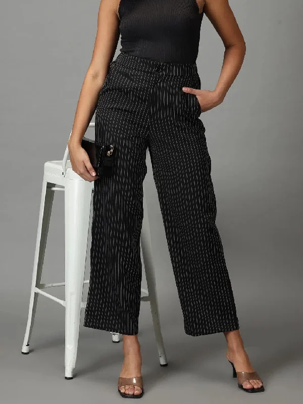 Women's Black Striped Formal Trouser-IM-9895-Black Trousers Summer Linen