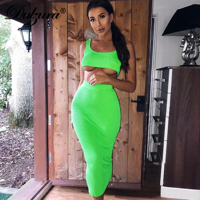 Dulzura neon ribbed knitted women two piece matching co ord set crop top midi skirt sexy festival party 2019 winter clothing Fashionable Trendy Casual Dulzura neon ribbed knitted women two piece matching co ord set crop top midi skirt sexy festival party 2019 winter clothing Fashionable Trendy Casual