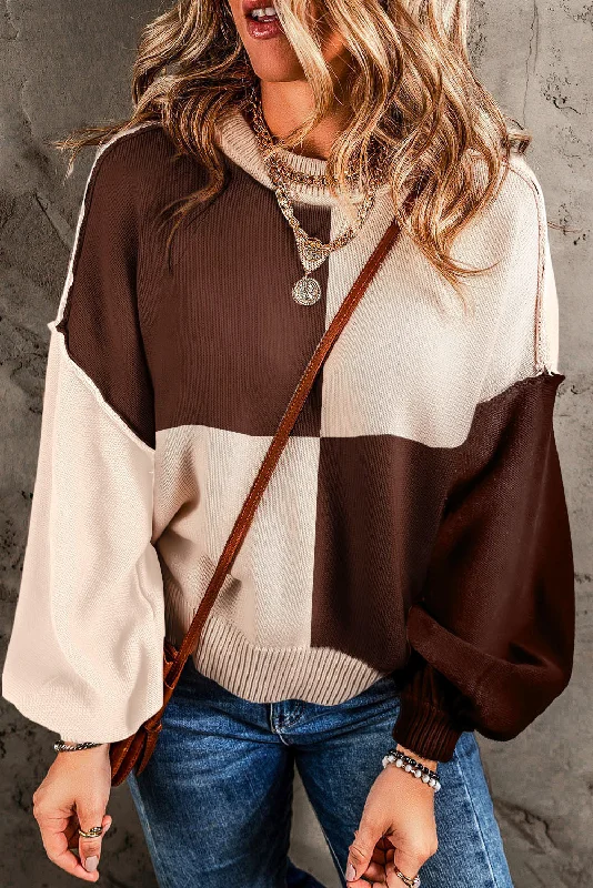 Bishop Sleeve Color Block Sweater - Checker Wool Sweater Cotton Sweater Cashmere Sweater