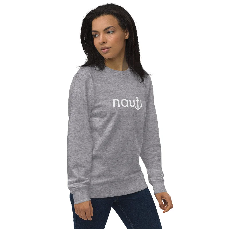 Unisex "NAUTI Anchor" Organic Sweatshirt in Black, French Navy and Grey Melange with White Logo Hoodie with Patch Decorative Personalized Unisex "NAUTI Anchor" Organic Sweatshirt in Black, French Navy and Grey Melange with White Logo Hoodie with Patch Decorative Personalized