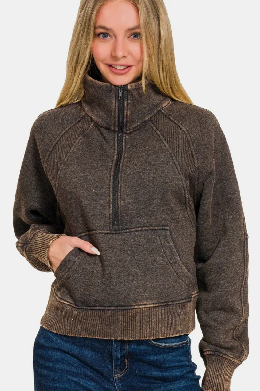 Hazel Blues® | Zenana Acid Washed Half Zip Fleece Sweatshirt Hoodie with Mock Neck Collared Structured Hazel Blues® | Zenana Acid Washed Half Zip Fleece Sweatshirt Hoodie with Mock Neck Collared Structured