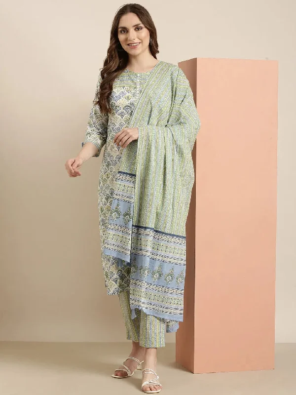 Women Straight Green Floral Kurta and Trousers Set Comes With Dupatta-AT-A1219-KPD-Green Trousers Cargo pockets Women Straight Green Floral Kurta and Trousers Set Comes With Dupatta-AT-A1219-KPD-Green Trousers Cargo pockets