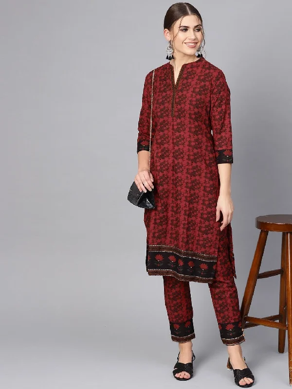 Women's Maroon & Black Printed Kurta with Trousers - AKS Cropped Trousers Casual Linen Women's Maroon & Black Printed Kurta with Trousers - AKS Cropped Trousers Casual Linen