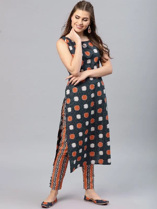 Women's Navy Blue & Orange Printed Kurta with Trousers - AKS Skinny Trousers Denim Stretchy Women's Navy Blue & Orange Printed Kurta with Trousers - AKS Skinny Trousers Denim Stretchy