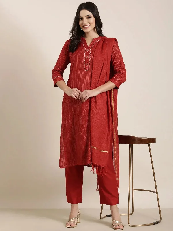 Women Straight Red Striped Kurta and Trousers Set Comes With Dupatta-SS-457-Red Trousers sophisticated sleek Women Straight Red Striped Kurta and Trousers Set Comes With Dupatta-SS-457-Red Trousers sophisticated sleek
