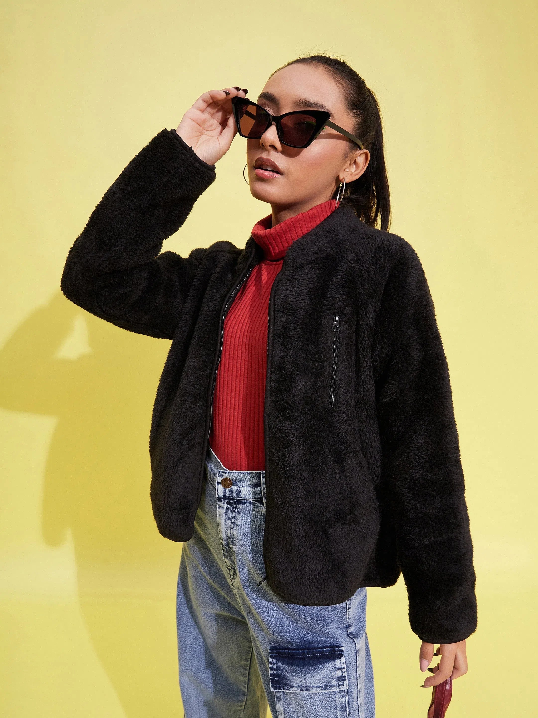 Girls Black Fur Front Zipper Jacket Appliqued Jacket Beaded Jacket Sequined Jacket