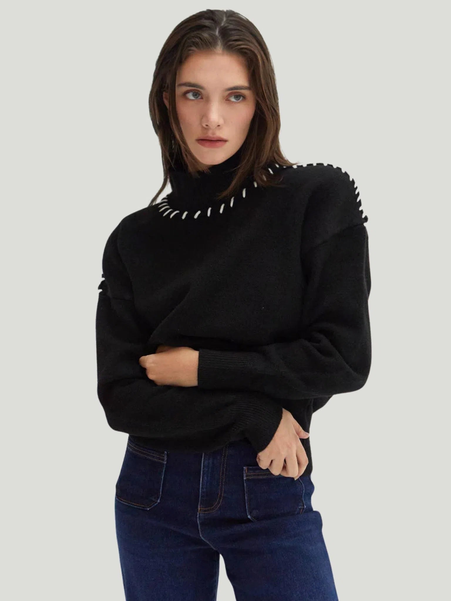 Crescent Rowan Contrast Stitch Sweater Tailored Straight A-Line