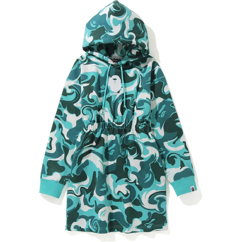 MARBLE CAMO SHIRRED WAIST PULLOVER HOODIE ONEPIECE LADIES Hoodie with Raglan Sleeves Sporty Comfortable