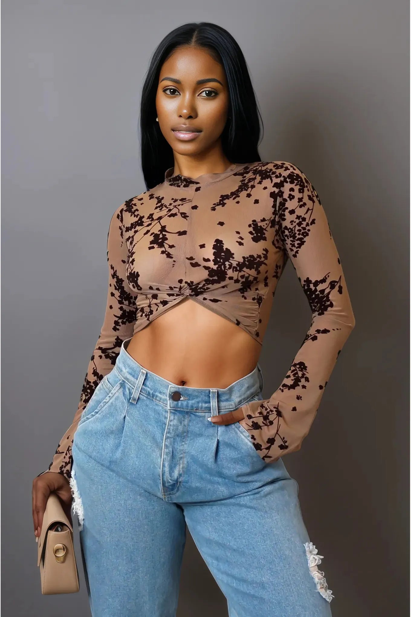 Long Sleeve Nude Crop Top Jersey Fabric Tulle Fabric Batik Fabric