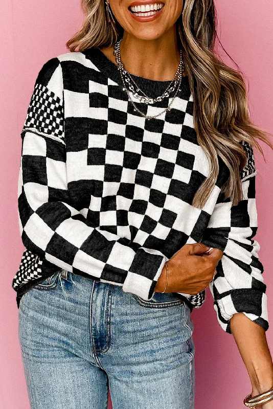Checkered Sweater - Black Silk Blend Satin Velvet
