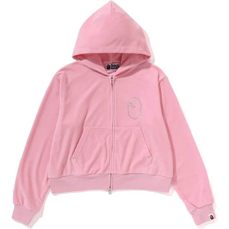 CRYSTAL STONE APE HEAD VELOUR ZIP HOODIE LADIES Hoodie with Snap Buttons Easy Quick