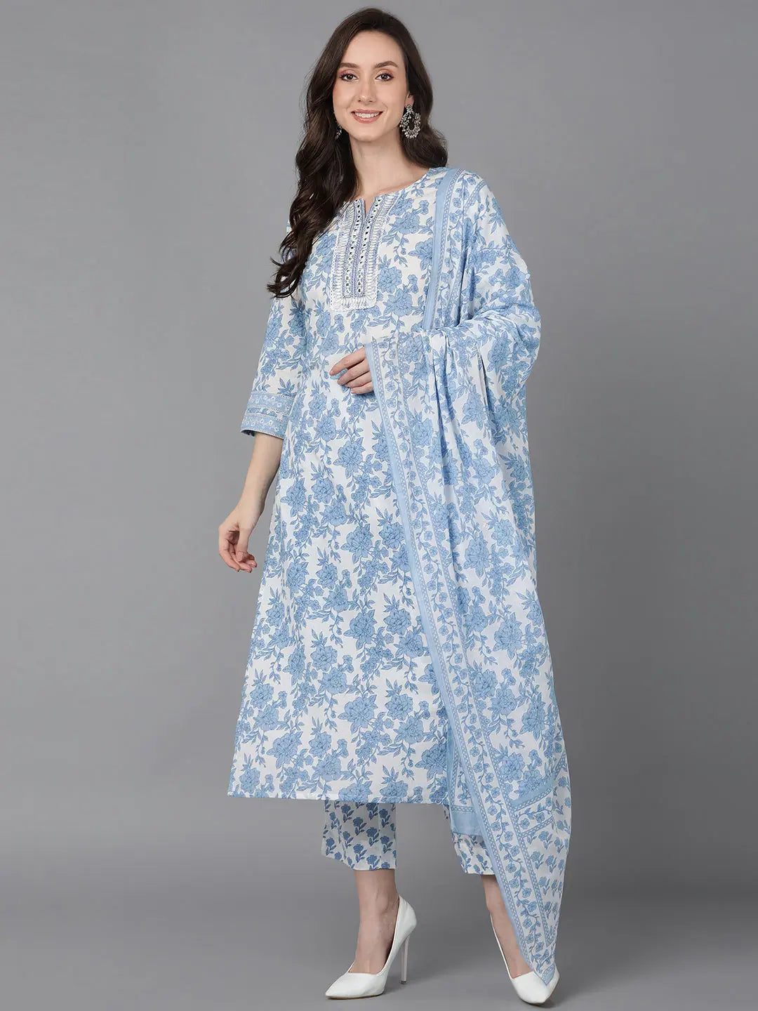 Ahika Women White Pure Cotton Floral Printed Kurta Trousers With Dupatta Trousers stylish modern Ahika Women White Pure Cotton Floral Printed Kurta Trousers With Dupatta Trousers stylish modern