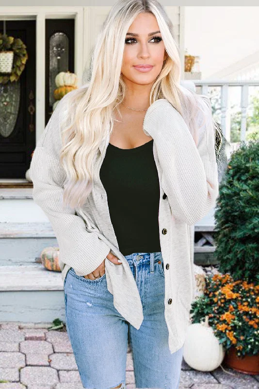 Sweater Knit Button Up Jacket - Gray Mesh Fabric Canvas Fabric Denim Fabric