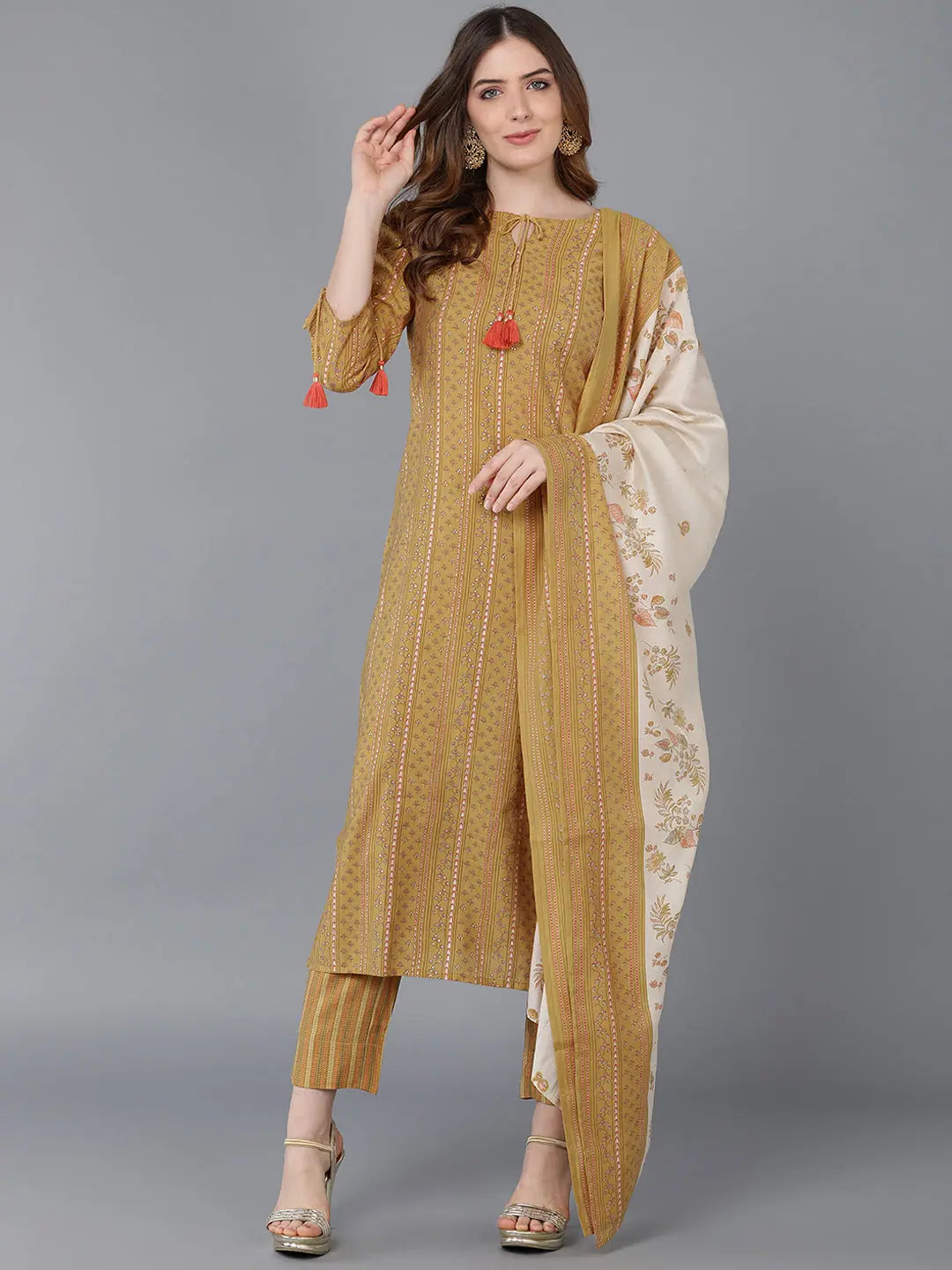Ahika Women Mustard Poly Silk Kurta Trousers With Dupatta 2 Trousers Corduroy Warm