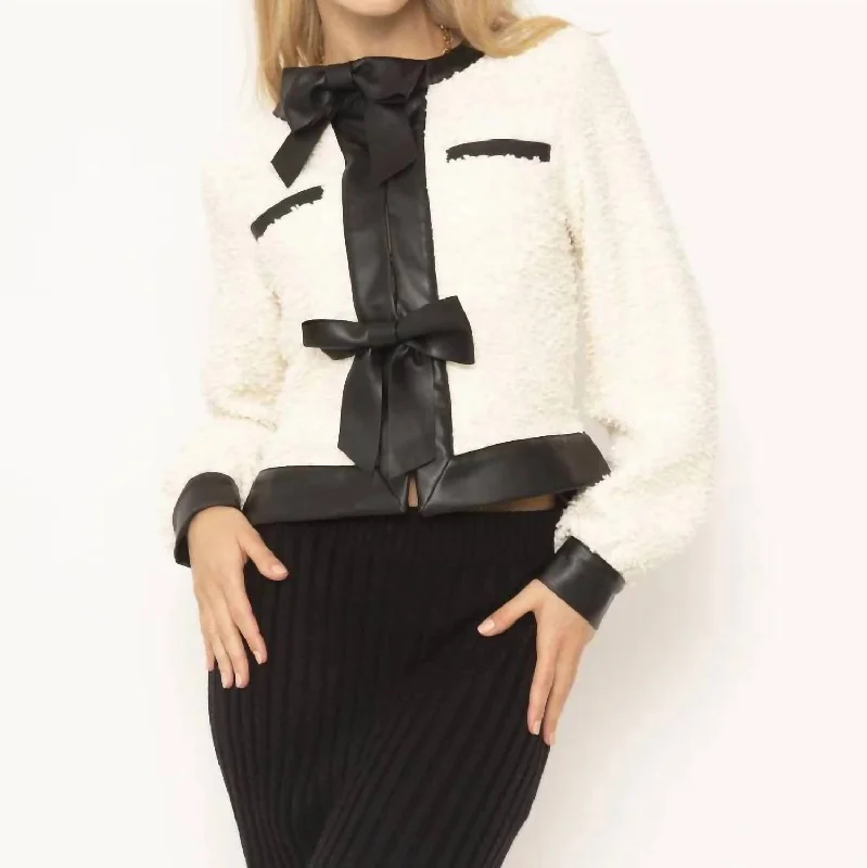 Arden Boucle Bow Jacket In White Notch Collar Jacket Peter Pan Collar Jacket Cowl Neck Jacket