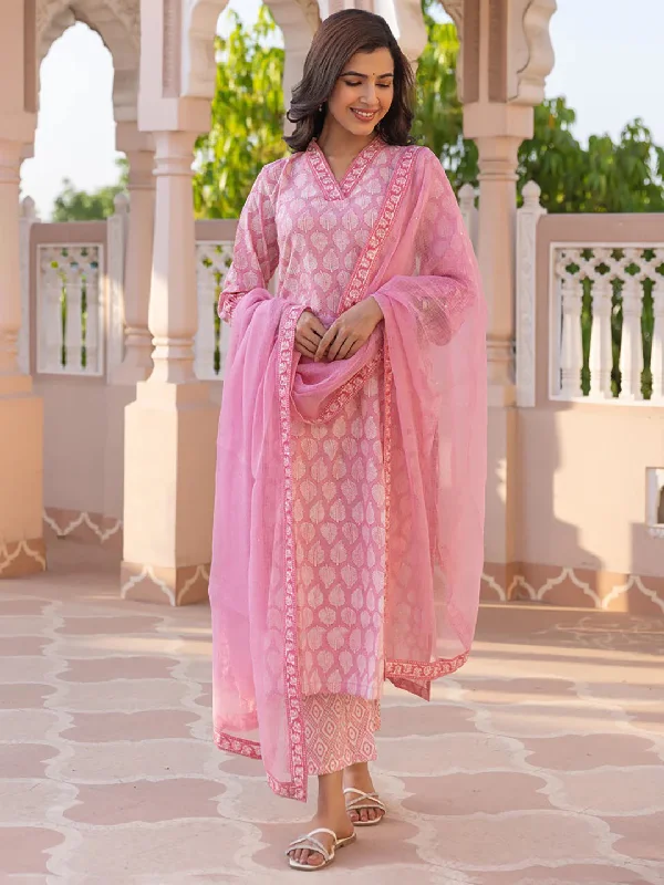 Women's Pink Viscose Rayon Paisley Printed Straight Kurta Trouser With Dupatta - Ahika Trousers trendy modern Women's Pink Viscose Rayon Paisley Printed Straight Kurta Trouser With Dupatta - Ahika Trousers trendy modern