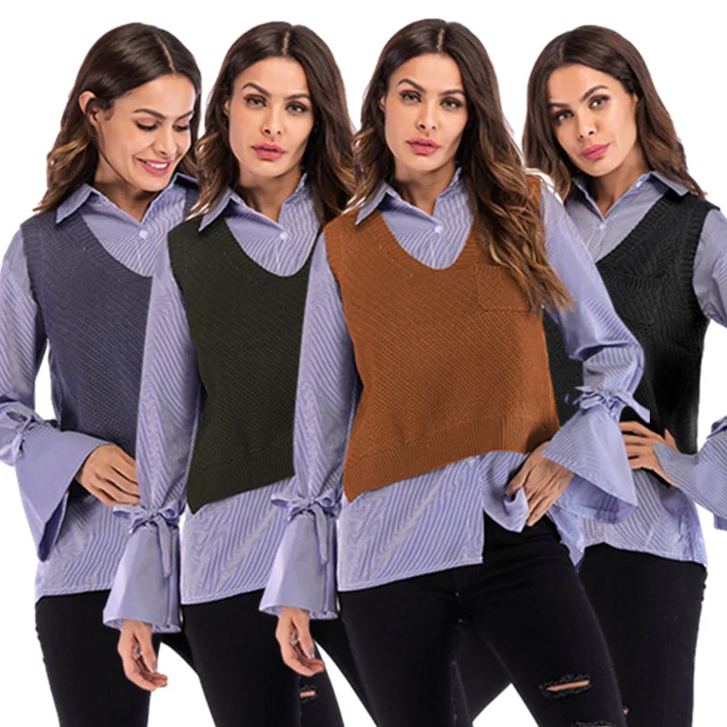 Solid-colored Vest Sweater Women's Spring Loose V Collar Knitted Vest Collared Crew Neck Turtle Neck Solid-colored Vest Sweater Women's Spring Loose V Collar Knitted Vest Collared Crew Neck Turtle Neck