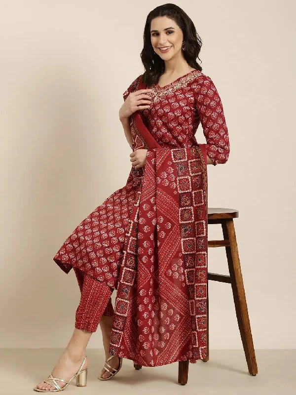 Women Straight Maroon Ethnic Motifs Kurta and Trousers Set Comes With Dupatta-AT-A1390-KPD-Maroon Trousers Bestseller Popular Women Straight Maroon Ethnic Motifs Kurta and Trousers Set Comes With Dupatta-AT-A1390-KPD-Maroon Trousers Bestseller Popular