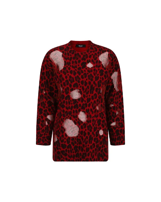 Versace Wool Sweater with Ribbed Crew Neck and Leopard Pattern Mesh Sweater Canvas Denim Versace Wool Sweater with Ribbed Crew Neck and Leopard Pattern Mesh Sweater Canvas Denim