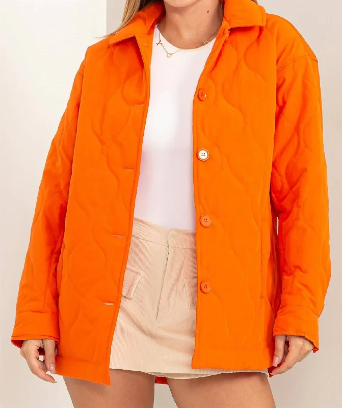 Sophisticated Season Quilted Puffer Jacket In Orange Nylon Fabric Polyester Fabric Spandex Fabric Sophisticated Season Quilted Puffer Jacket In Orange Nylon Fabric Polyester Fabric Spandex Fabric