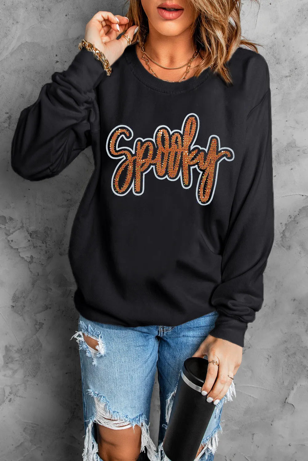 Hazel Blues® | SPOOKY Rhinestone Round Neck Long Sleeve Sweatshirt Hoodie with Hem Detail Decorative Unique Hazel Blues® | SPOOKY Rhinestone Round Neck Long Sleeve Sweatshirt Hoodie with Hem Detail Decorative Unique