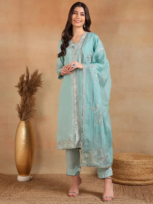 Women's Blue Silk Blend Solid Embroidered A-Line Kurta Trouser With Dupatta - Ahika Trousers practical durable Women's Blue Silk Blend Solid Embroidered A-Line Kurta Trouser With Dupatta - Ahika Trousers practical durable