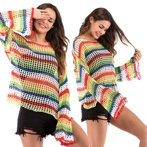 Cut Out Crochet Rainbow Sweater Women's Spring New Loose Round Neck Sweater Terry Blend Velvet Blend Canvas Blend Cut Out Crochet Rainbow Sweater Women's Spring New Loose Round Neck Sweater Terry Blend Velvet Blend Canvas Blend